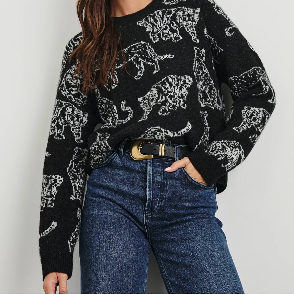 NWT Faith & Zoe Wool Blend Leopard Jaguar Print Sweater Black White Large